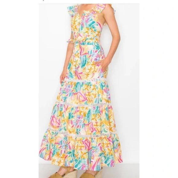 MELLODAY Dresses & Skirts - MELLODAY NEW Button Front Lace Trimmed Dress In Pink/ Green Floral Size Small